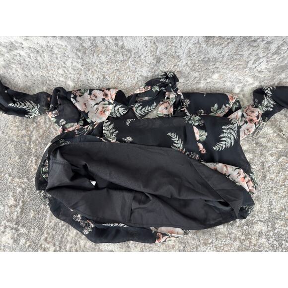 BCBGeneration Womens Size XS Floral Semi Sheer V Neck Blouse Black Pink Top - Picture 9 of 11